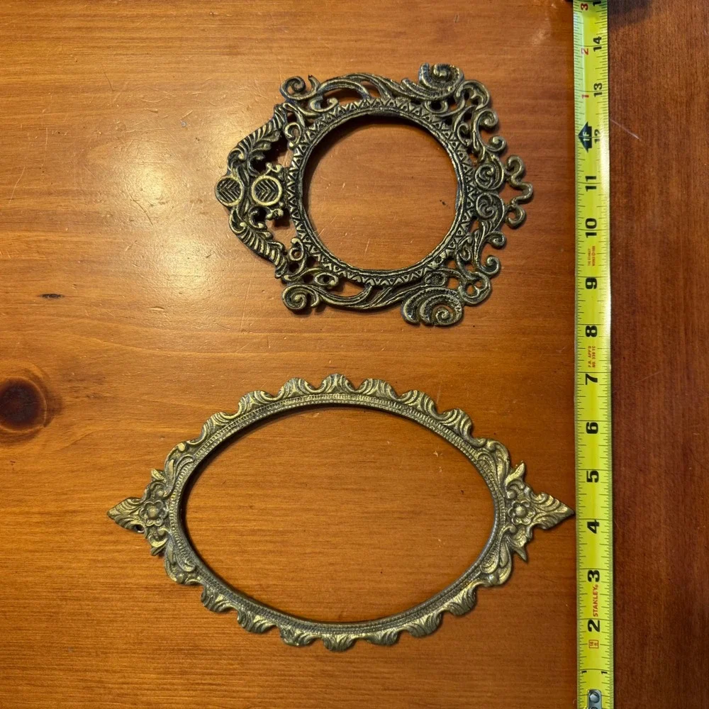 Vintage Ornate Picture Frames Set of 2 Oval Round Filigree Cast Metal Decor